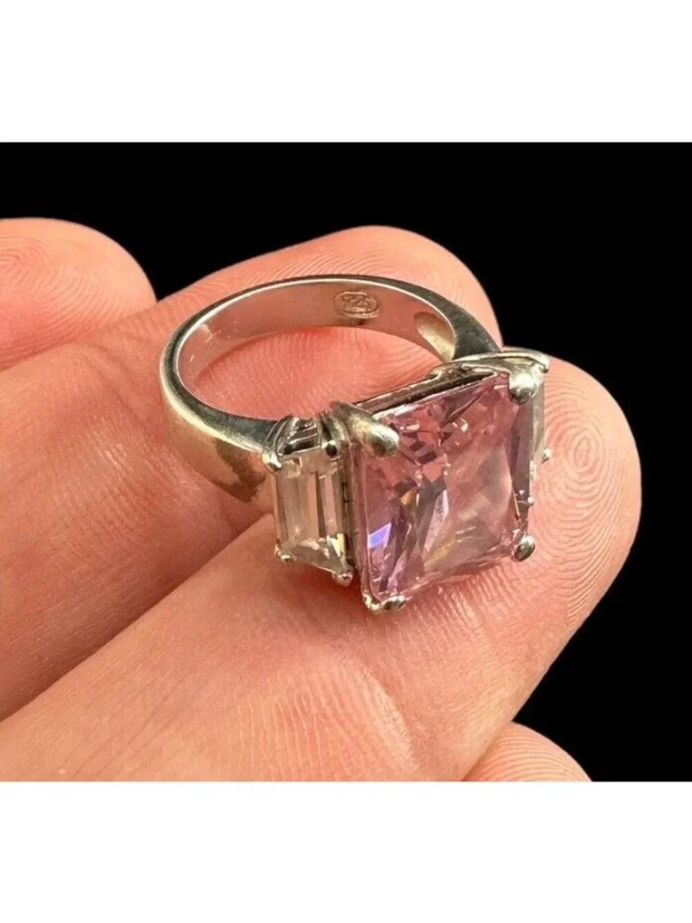 925 Emerald Cut Pink Quartz Solitaire Ring CZ Baguette Size 5